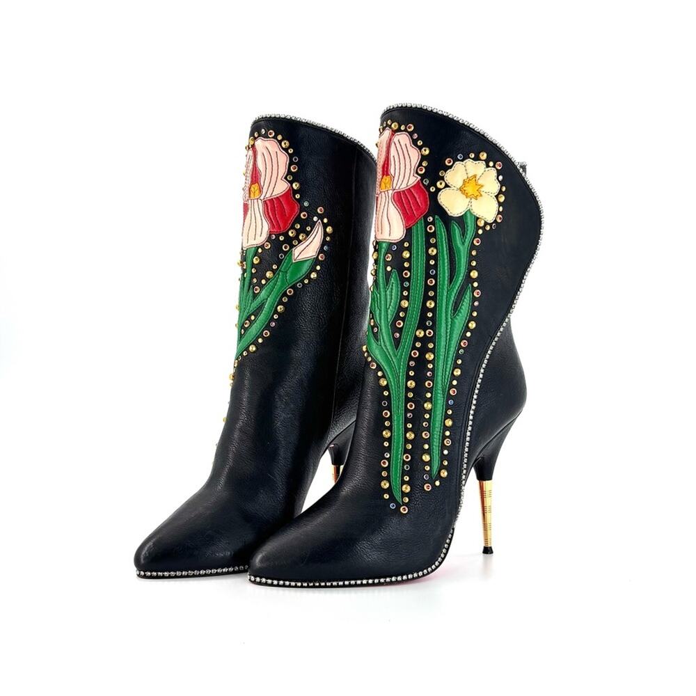 Gucci Intarsia Floral Rhinestone Embellished Black Leather Stiletto Boots 37